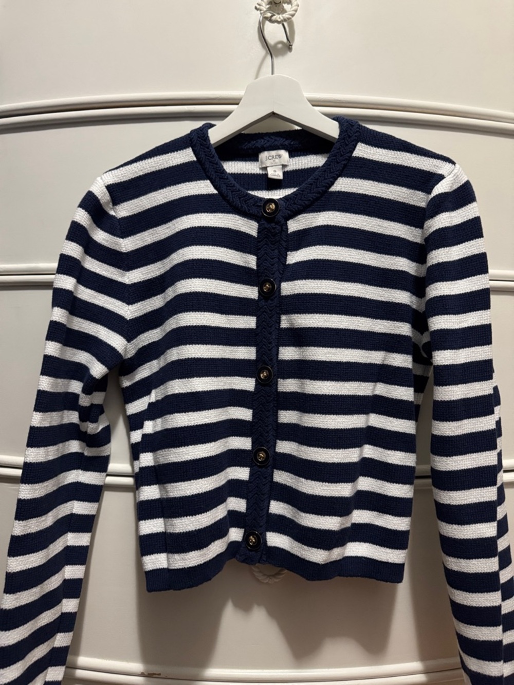 J. Crew Navy and White Striped Crewneck Cardigan